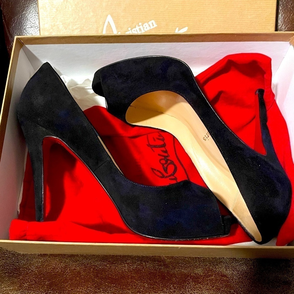 Christian Louboutin Very Prive  120mm Veau velour platform Peep pump EU 38.5 - Picture 6 of 8